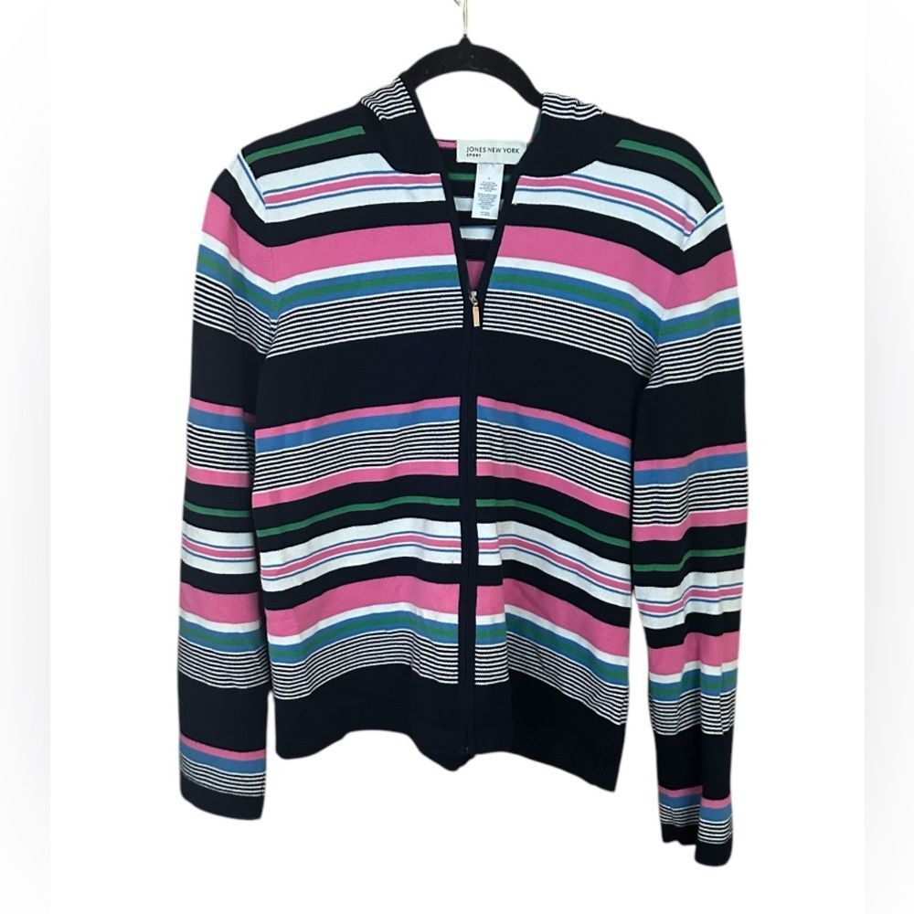 Jones New York Sport Womens Blue Pink Striped Zip Up Hoodie. Size Large